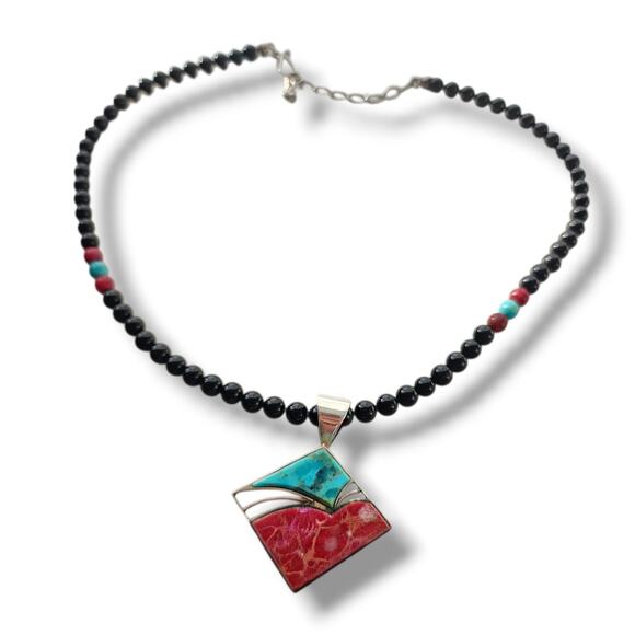 Jay King Jewelry - Jay King DTR Necklace Sterling Silver Inlay Turquoise Pendant Black Onyx Beaded